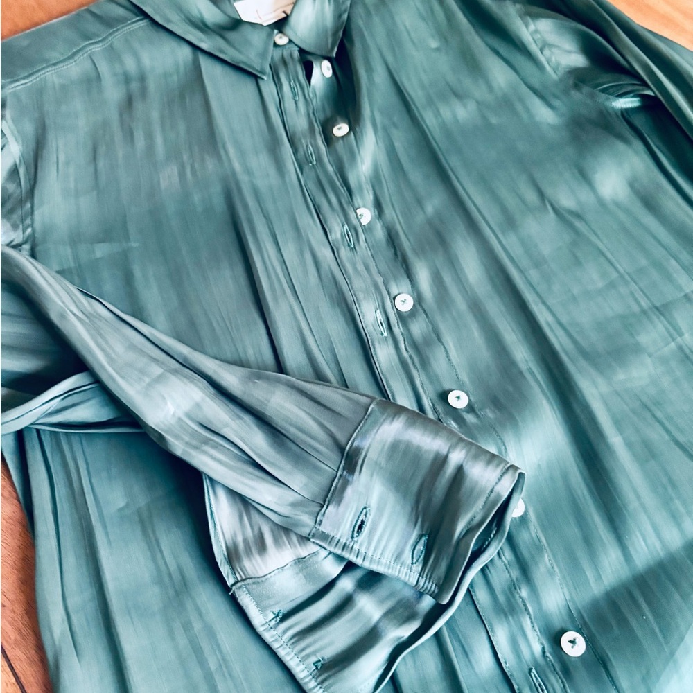 Anthropologie Silky Iridescent Button Down Shirt in Green